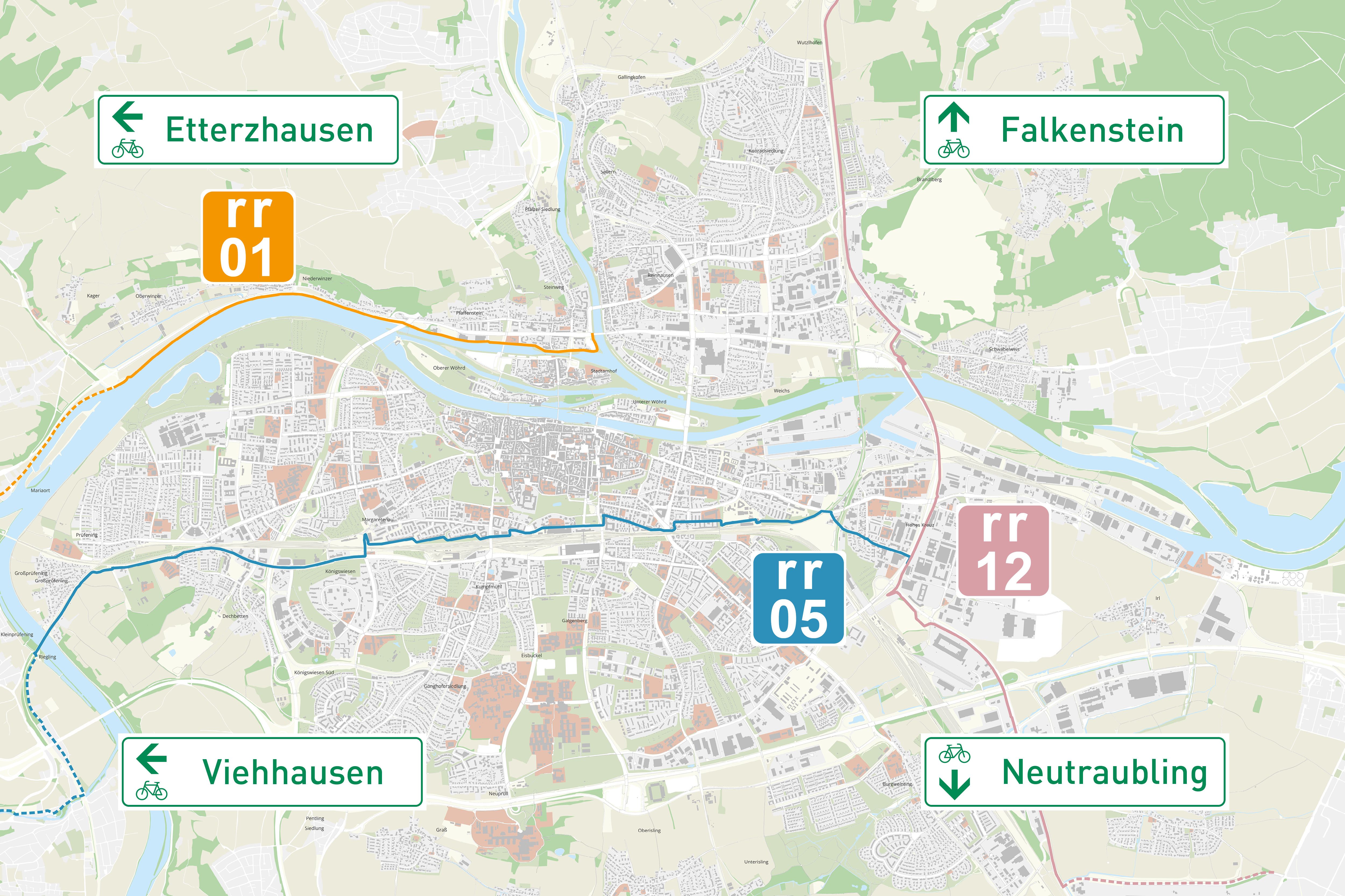 Karte: Die Regensburger Radlrouten rr 01, rr 05 und rr 12 im Überblick