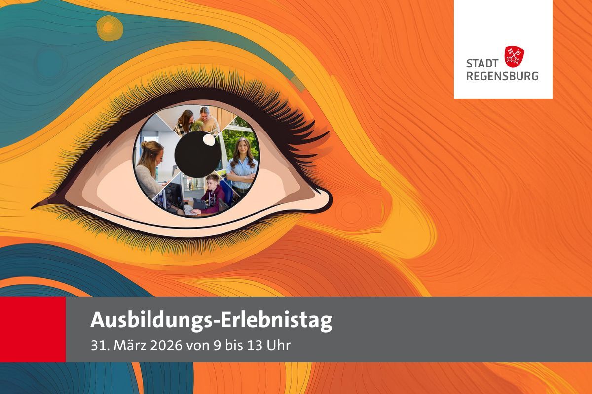 Grafik – Farbige Zeichnung im Hintergrund, integriertes Auge mit verschiedenen Fotos der Ausbildungsberufe.