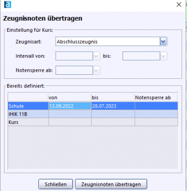 ASV-Zeugnisnote übertragen Zeitraum