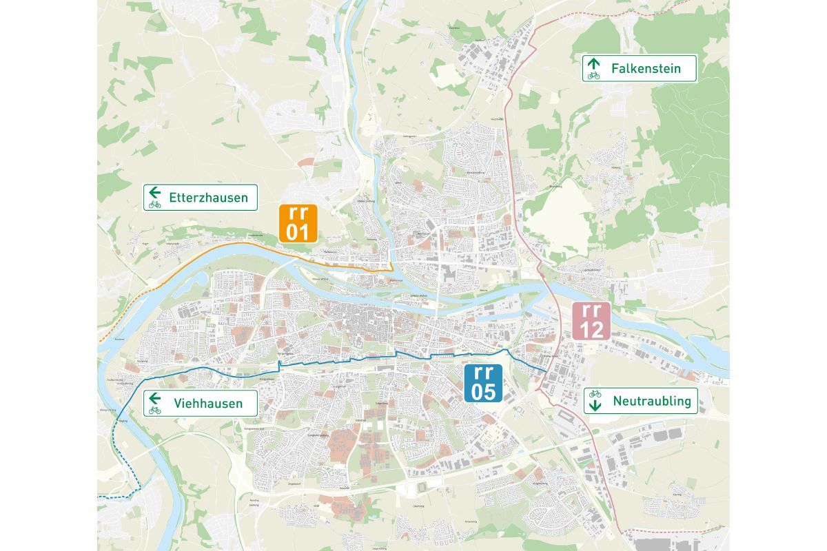 Grafik - Stadtplan mit eingezeichneten Hauptradrouten