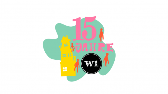 Das runde Logo des W1 - Zentrums für junge Kultur vor einem türkisen Farbklecks und umgeben von stilisierten Personen, einem Haus sowie dem Schriftzug "15 Jahre".