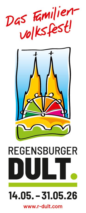 Grafik - illustrierte gelbe Domtürme im Hintergrund, davor ein buntes Riesenrad