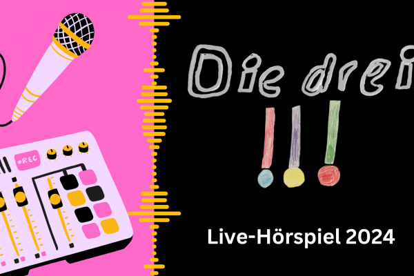 Ein selbst gemaltes Logo der drei !!! mit der Unterschrift Live-Hörspiel 2024