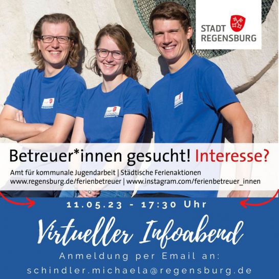 Plakat - Bild mit ehrenamtlichen Betreuerinnen und Betreuern der Stadt Regensburg – Einladung zum virtuellen Infoabend am 11. Juni 2023 um 17.30 Uhr (C) Michaela Schindler, Stadt Regensburg