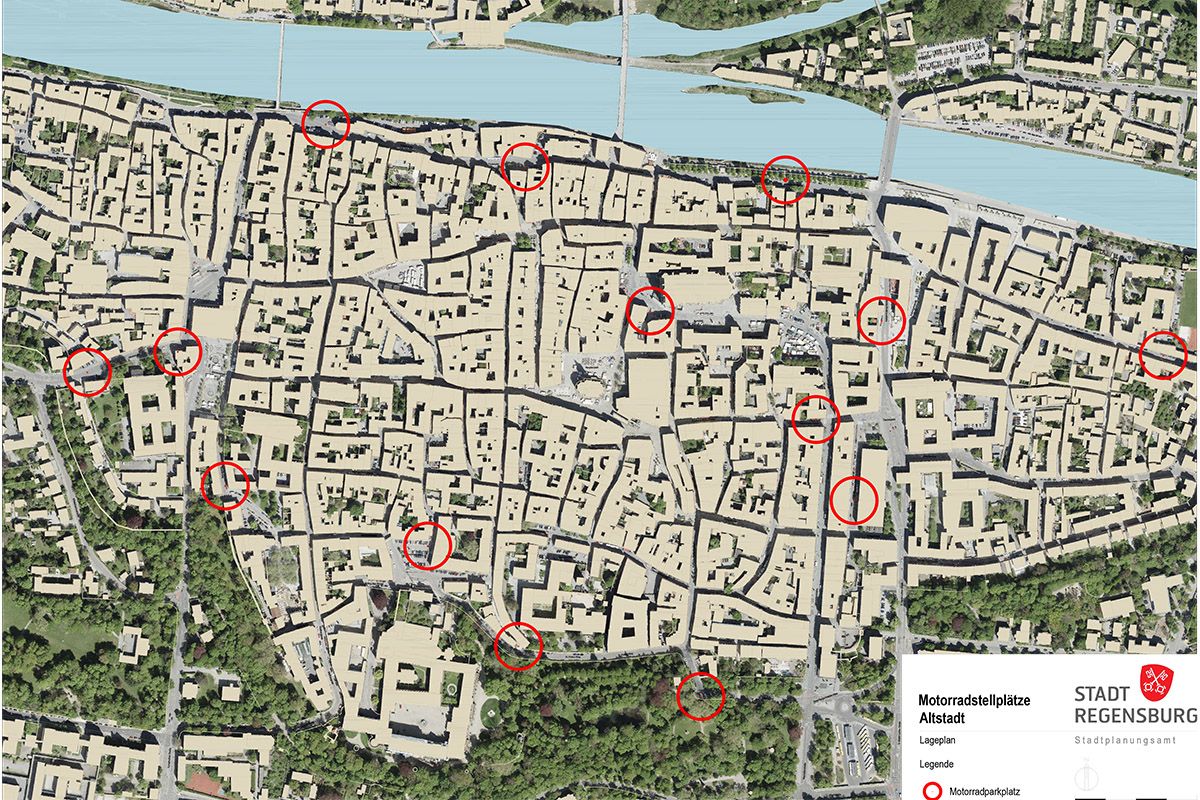 Stadtplan mit Motorradstellplätzen in der Altstadt