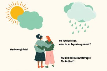 Grafik: zwei Personen Arm in Arm; am Himmel Wolken, Regen und Sonne