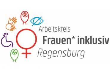 Das Logo des Arbeitskreises vereint das Symbol für Frauen* mit Piktogrammen von verschiedenen Arten der Behinderung. 