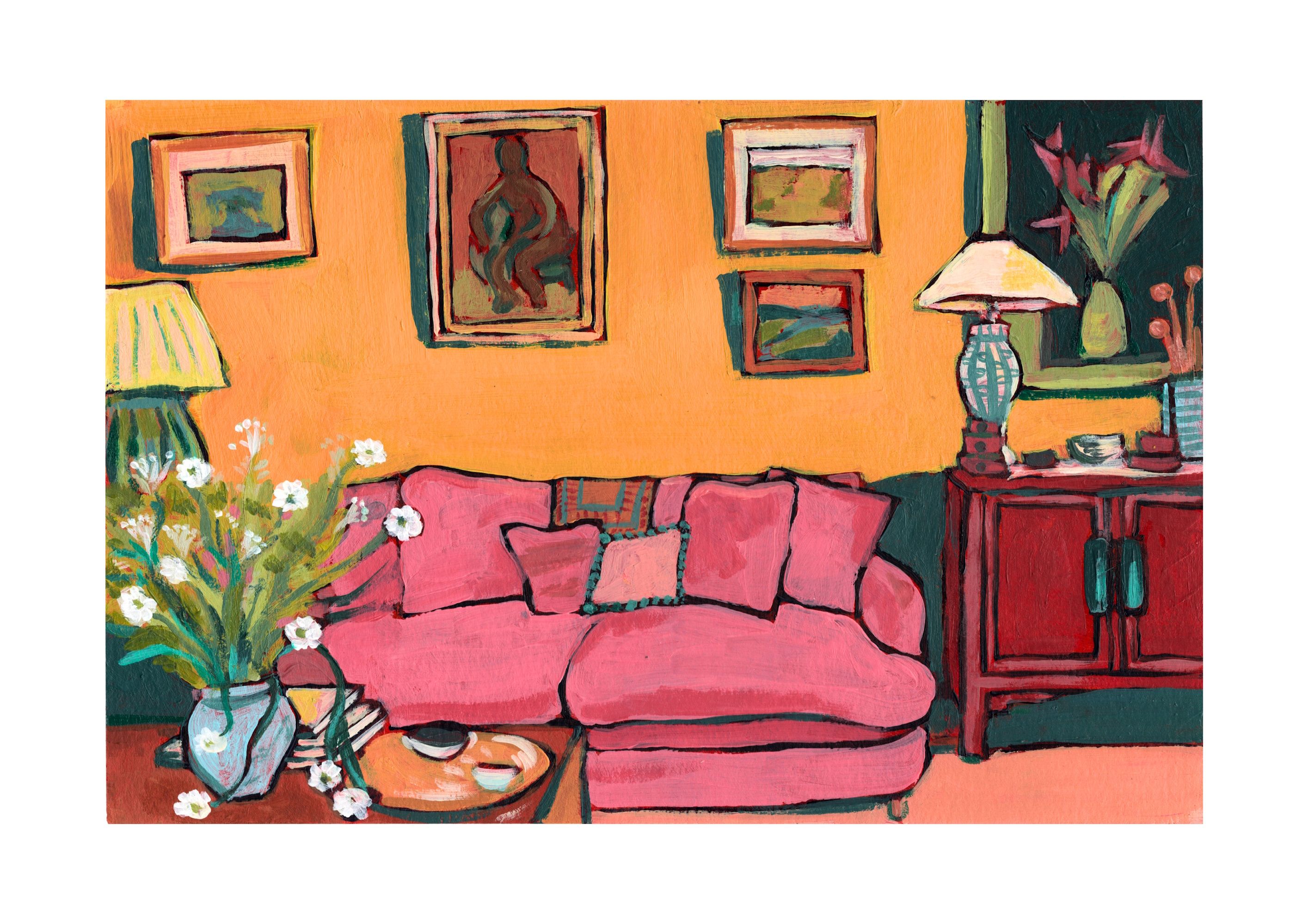 Fotografie – ein gemaltes Wohnzimmer in dem ein pinkes Sofa steht