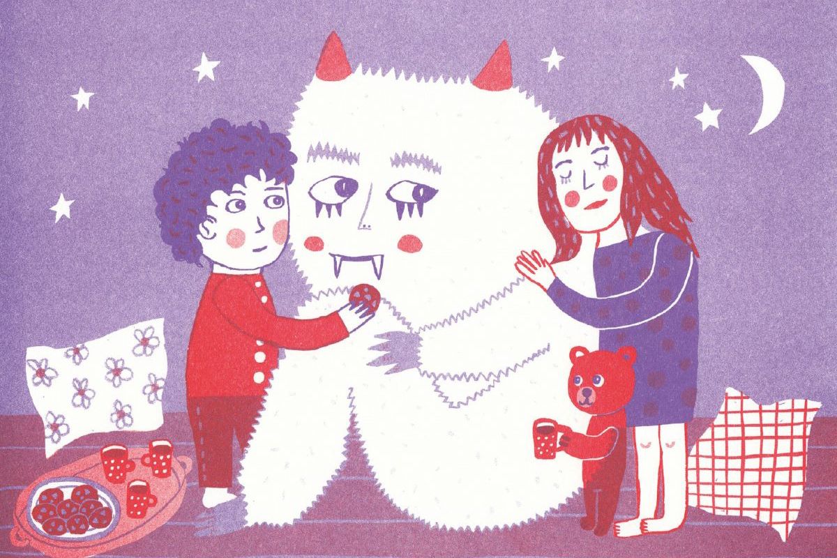 Zeichnung mit zwei Kindern und einem freundlichen Monster