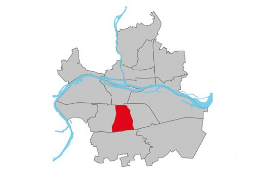 Grafik - Kartendarstellung der Regensburger Stadtteile, der Stadtteil Galgenberg ist rot hinterlegt, die restlichen Stadtteile sind weiß (C) Stadt Regensburg, Tatjana Setz