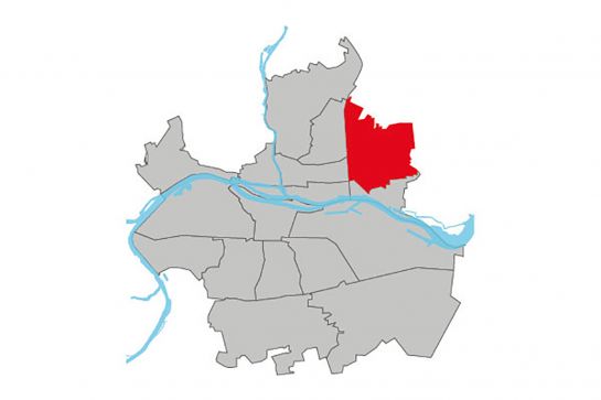 Grafik - Kartendarstellung der Regensburger Stadtteile, der Stadtteil Brandlberg-Keilberg ist rot hinterlegt, die restlichen Stadtteile sind weiß (C) Stadt Regensburg, Tatjana Setz