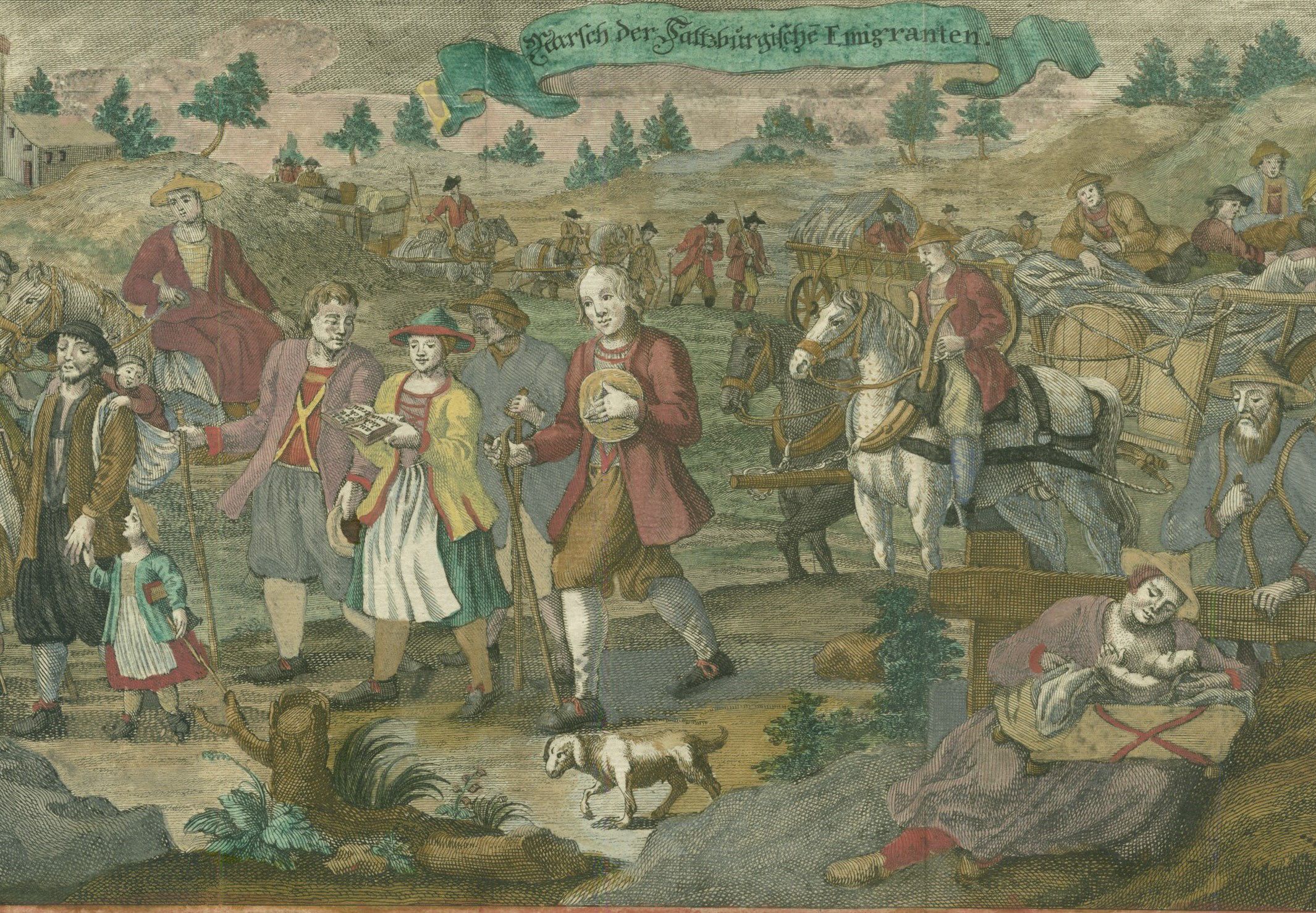 Fotografie – Flucht der Salzburger Exulanten nach Regensburg 1732, kolorierte Zeichnung aus der Dimpfel-Chronik 