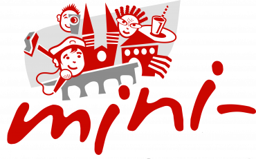 Logo der Veranstaltung "Mini-Regensburg" zeigt Kindergesichter, verschiedene Formen die die Stadt Regensburg darstellen sollen und das Wort "mini" in rot und weißen Farben.
