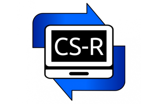 Schrift CS-R auf einem Computerbildschirm Icon umrandet von zwei blauen Pfeilen