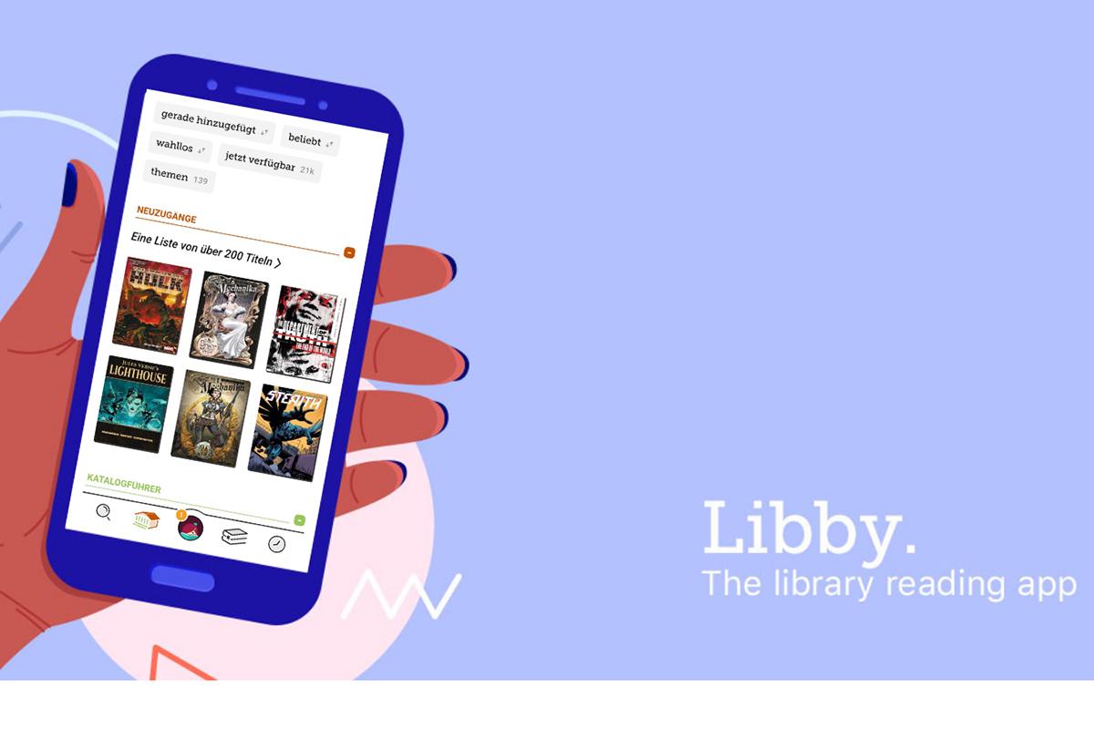 Grafik eines Handys auf dessen Display die Libby-App geöffnet ist