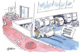 Grafik - Personen schieben Autos in einen Keller und Fahrräder stehen direkt vor der Tür