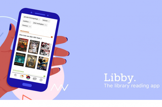 Grafik eines Handys auf dessen Display die Libby-App geöffnet ist