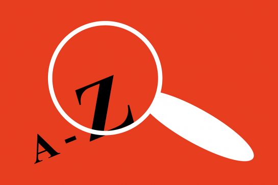 Grafik einer Lupe, welche die Buchstaben A-Z vergrößert, auf rotem Hintergrund (C) Andrea Borowski