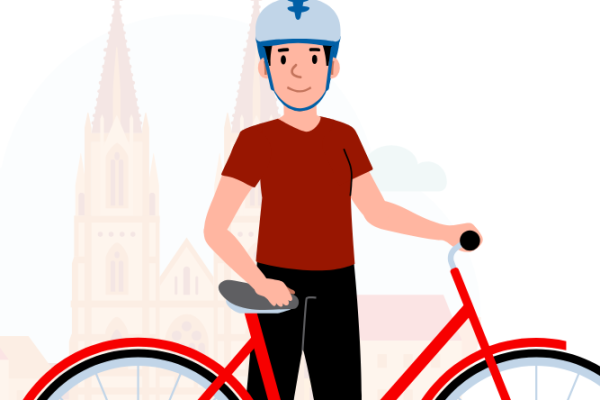 Das Bild zeigt einen Screenshot der ersten Seite des KI-Führerscheins. Auf der linken Seite ist eine Comic-Person zu sehen, die hinter ihrem Fahrrad steht. Auf der rechten Seite wird der KI-Führerschein eingeleitet.