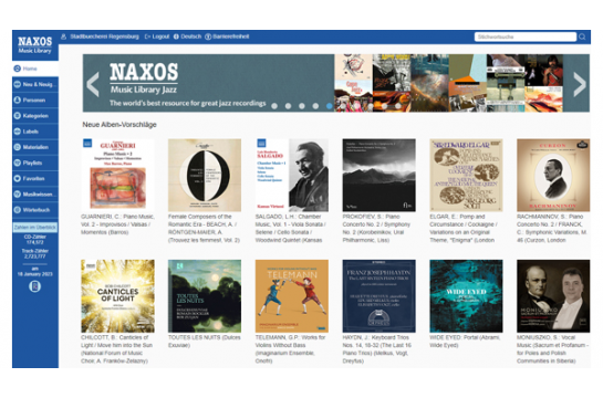 Desktop Ansicht der Naxos Music Library Homepage