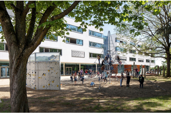 Fotografie - Schüler im Pausenhof auf dem Klettergerüst