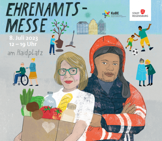 gezeichnete Ehrenamtliche beim Einsatz, im Vordergrund eine Einkaufshilfe und ein Feuerwehrmann (C) Kathrin Frank