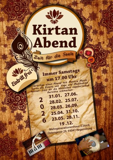 Werbeposter für Kirtan Abend mit Trommel und Klavier, sowie den Daten für die Abende. (Daten sind in der Website nochmal aufgeführt)