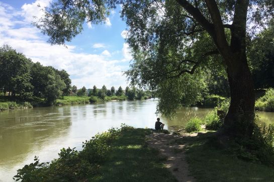 Fotografie - Mann sitzt auf Wiese, Donau fließt vorbei