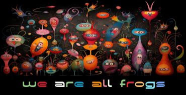Postkarte „we all are frogs“ bunte Frösche