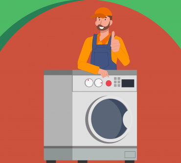 Auf dem Bild ist eine Waschmaschine zu sehen. Hinter der Waschmaschine steht ein Handwerker. Der Hintergrund ist zweifarbig in rot und grün.
