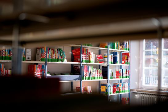 Foto mehrerer Regale mit Lernhilfen in einer Bücherei