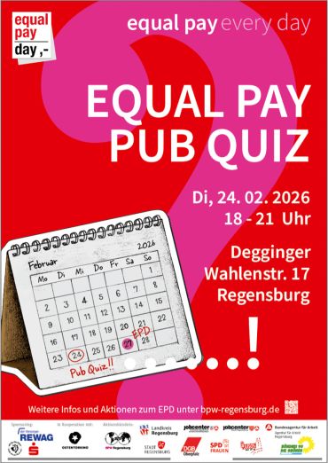 Plakat zum Pub-Quiz anlässlich des Equal Pay Day am 24.02., 18 Uhr im Degginger