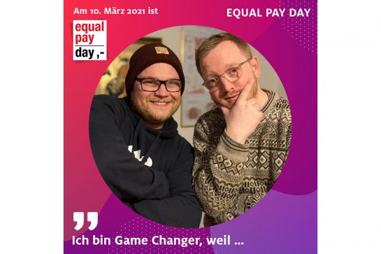 Collage - weiße Schrift auf buntem Hintergrund: "Ich bin Game Changer...", Montage mit Portraitfoto