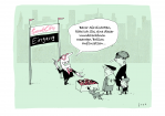 Cartoon: Familie wird vor Eingang zur Smart City begrüßt: "Bevor Sie eintreten, bitte ich Sie, eine dieser wunderschönen rosaroten Brillen aufzusetzen... (C) Heiner Fröhlich
