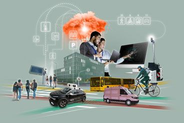 Auf petrolfarbenem Hintergrund erkennt man Elemente, die das R_Lab repräsentieren, wie zum Beispiel ein Auto mit Sensor auf dem Dach oder verschiedene Menschen, die eine Straße passieren. Im Hintergrund ist die Techbase zu erkennen, über der zwei Personen an einem großen Bildschrim arbeiten.