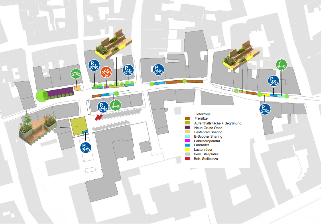 Mobilitätsangebote, Mobiles Grün und Sitzgelegenheiten in der neugestalteten Obermünsterstraße