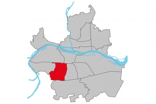 Grafik - Kartendarstellung der Regensburger Stadtteile, der Stadtteil Kumpfmühl-Ziegetsdorf-Neuprüll ist rot hinterlegt, die restlichen Stadtteile sind weiß