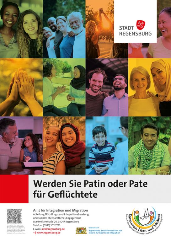 Plakat - Patenschaften für Geflüchtete - Auf dem Plakat sind Menschen unterschiedlicher Hautfarbe, Alter und Geschlecht abgebildet