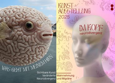 Kollage der beiden Ausstellungsplakate mit „Hirnfisch“- und Kopfmotiv