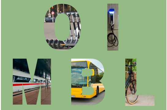 Logo Mobilität - das Wort Mobil auf grünem Hintergrund; jeder einzelne Buchstabe ist mit einem anderen Verkehrsmittel hinterlegt