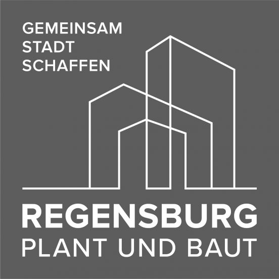 Grafik - Schriftzug "Gemeinsam Stadt schaffen - Regensburg plant und baut" auf grauem Hintergrund, weiße Linien als Häusergrundriss