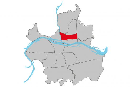 Grafik - Kartendarstellung der Regensburger Stadtteile, der Stadtteil Reinhausen ist rot hinterlegt, die restlichen Stadtteile sind weiß