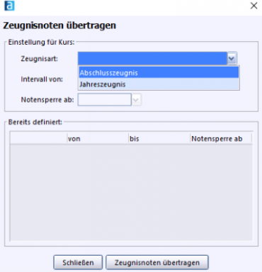 ASV-Zeugnisnote übertragen Zeugnisart